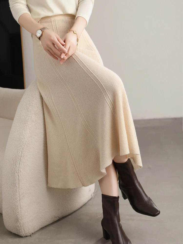 Grace Women's Skirt 100% Merino Wool Skirt Hip Hugging A-Line Wave Skirt Knitted Warm Autumn Winter Dress Slim Office Lady Skirt