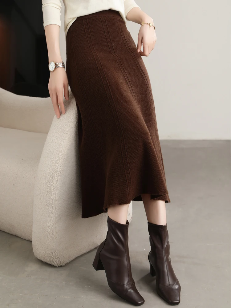 Grace Women's Skirt 100% Merino Wool Skirt Hip Hugging A-Line Wave Skirt Knitted Warm Autumn Winter Dress Slim Office Lady Skirt