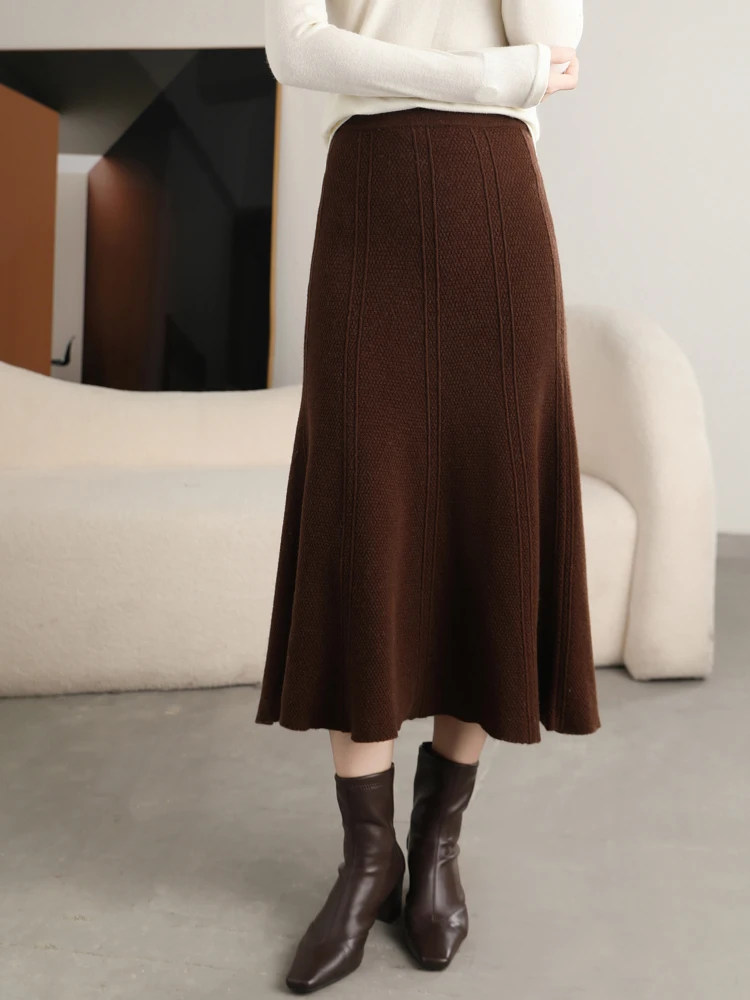 Grace Women's Skirt 100% Merino Wool Skirt Hip Hugging A-Line Wave Skirt Knitted Warm Autumn Winter Dress Slim Office Lady Skirt