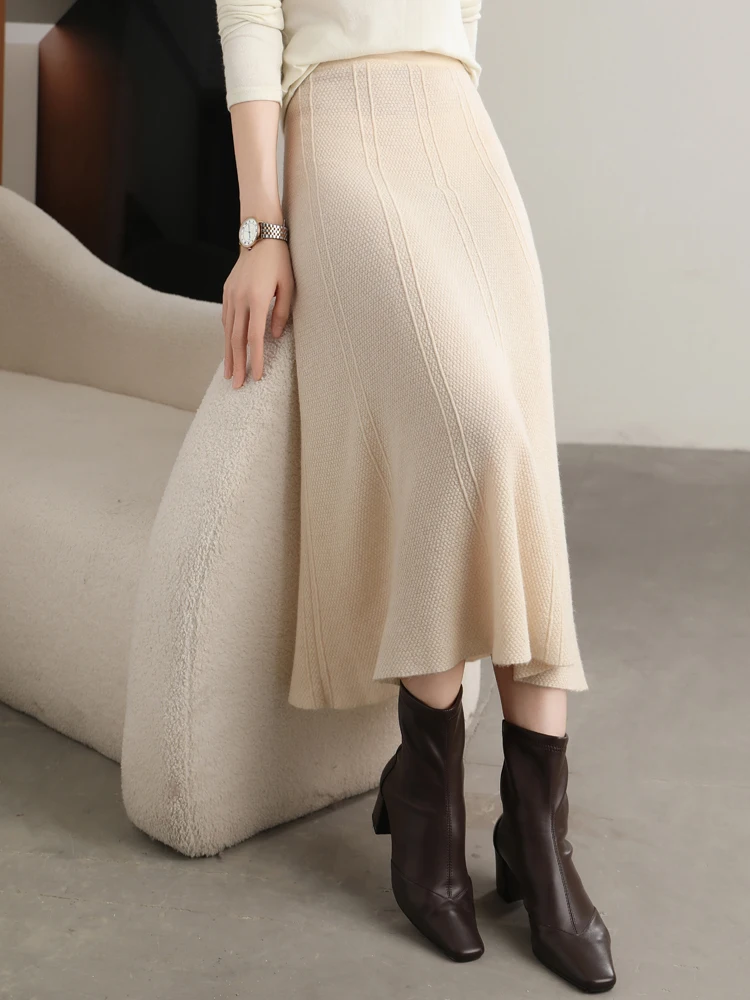 Grace Women's Skirt 100% Merino Wool Skirt Hip Hugging A-Line Wave Skirt Knitted Warm Autumn Winter Dress Slim Office Lady Skirt