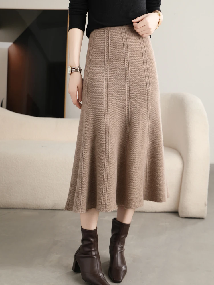 Grace Women's Skirt 100% Merino Wool Skirt Hip Hugging A-Line Wave Skirt Knitted Warm Autumn Winter Dress Slim Office Lady Skirt