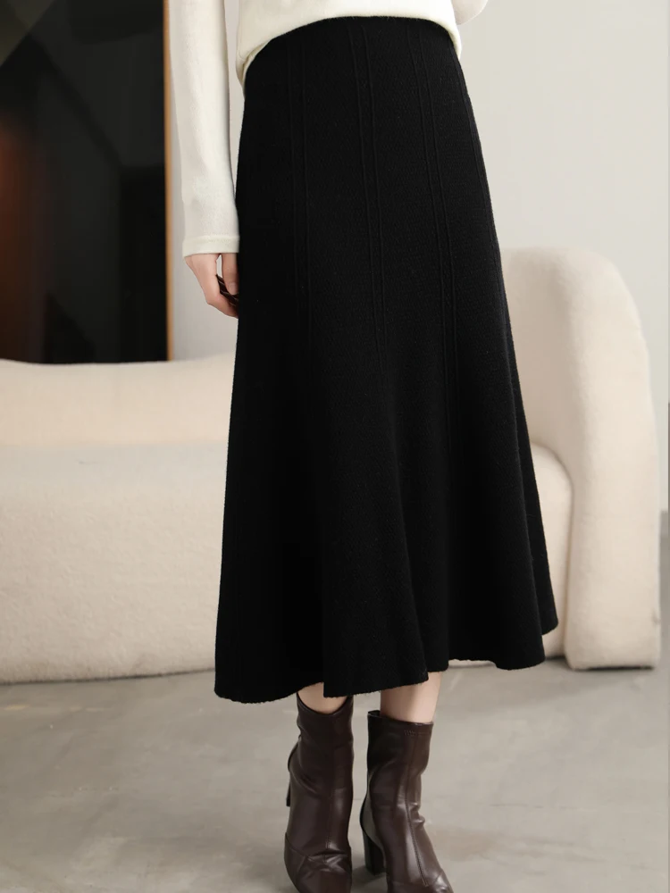 Grace Women's Skirt 100% Merino Wool Skirt Hip Hugging A-Line Wave Skirt Knitted Warm Autumn Winter Dress Slim Office Lady Skirt