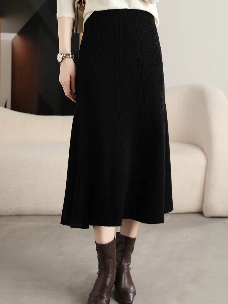 Grace Women's Skirt 100% Merino Wool Skirt Hip Hugging A-Line Wave Skirt Knitted Warm Autumn Winter Dress Slim Office Lady Skirt
