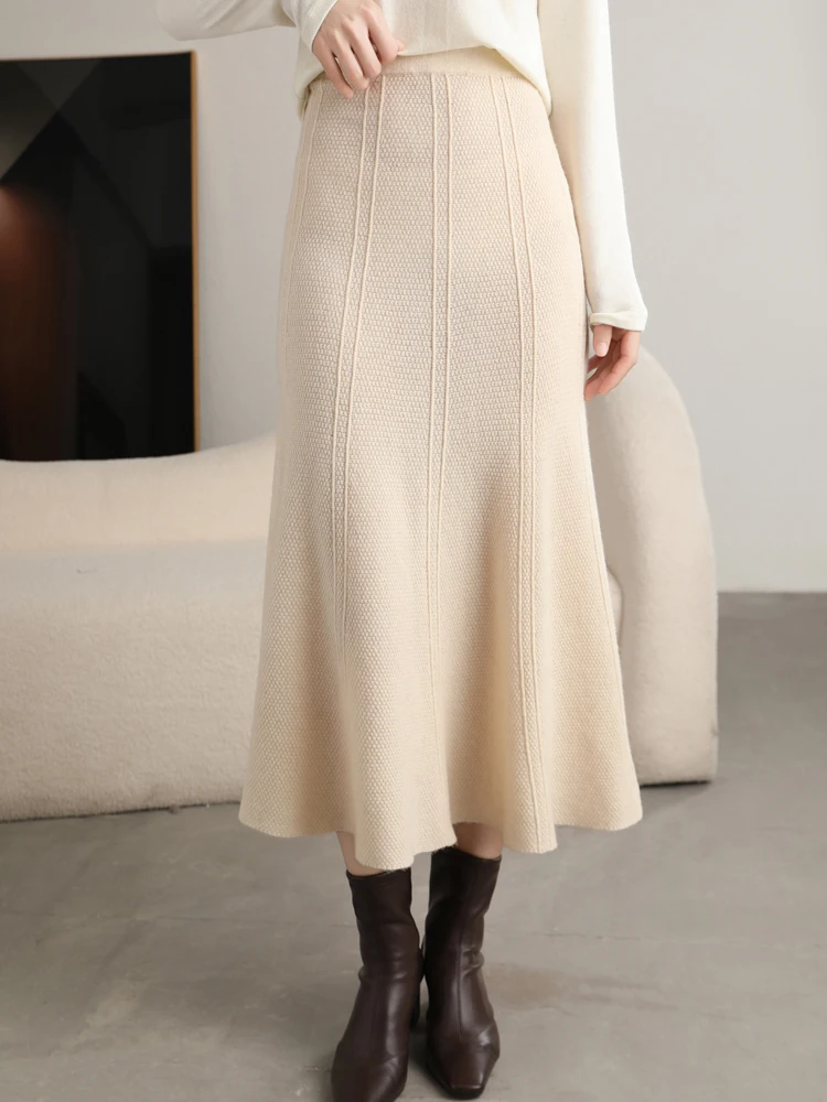 Grace Women's Skirt 100% Merino Wool Skirt Hip Hugging A-Line Wave Skirt Knitted Warm Autumn Winter Dress Slim Office Lady Skirt