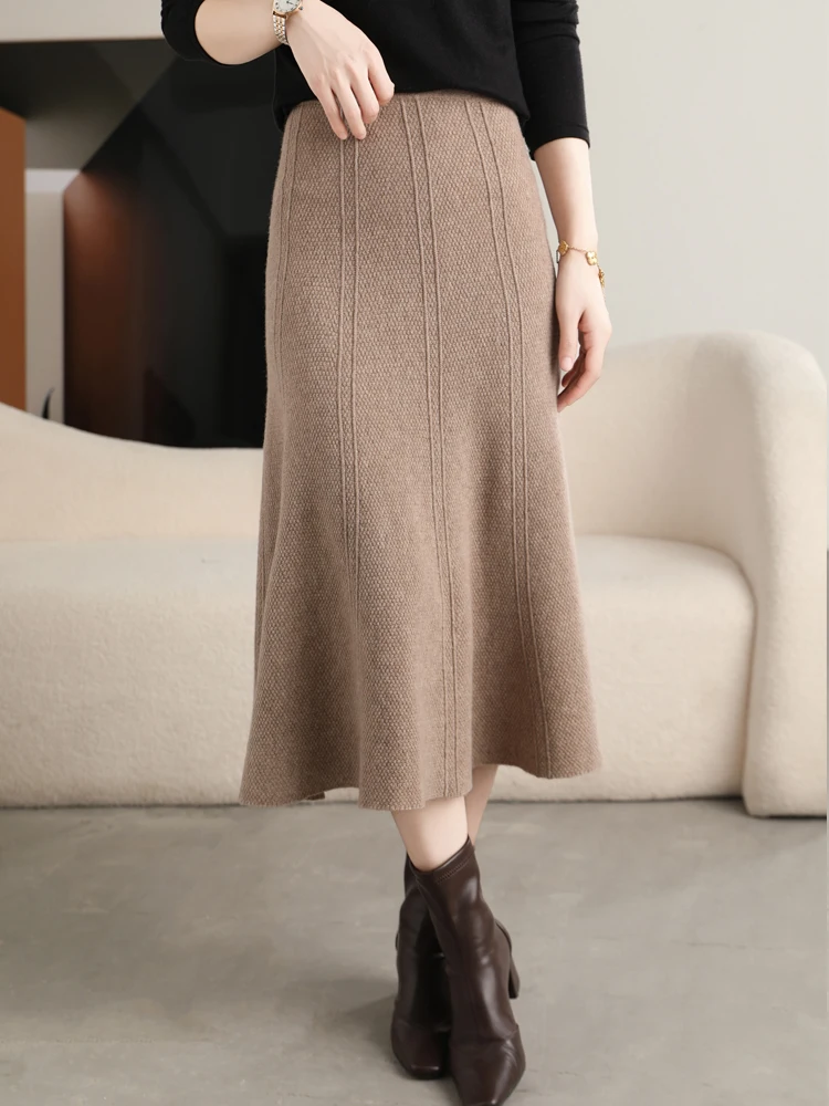 Grace Women's Skirt 100% Merino Wool Skirt Hip Hugging A-Line Wave Skirt Knitted Warm Autumn Winter Dress Slim Office Lady Skirt