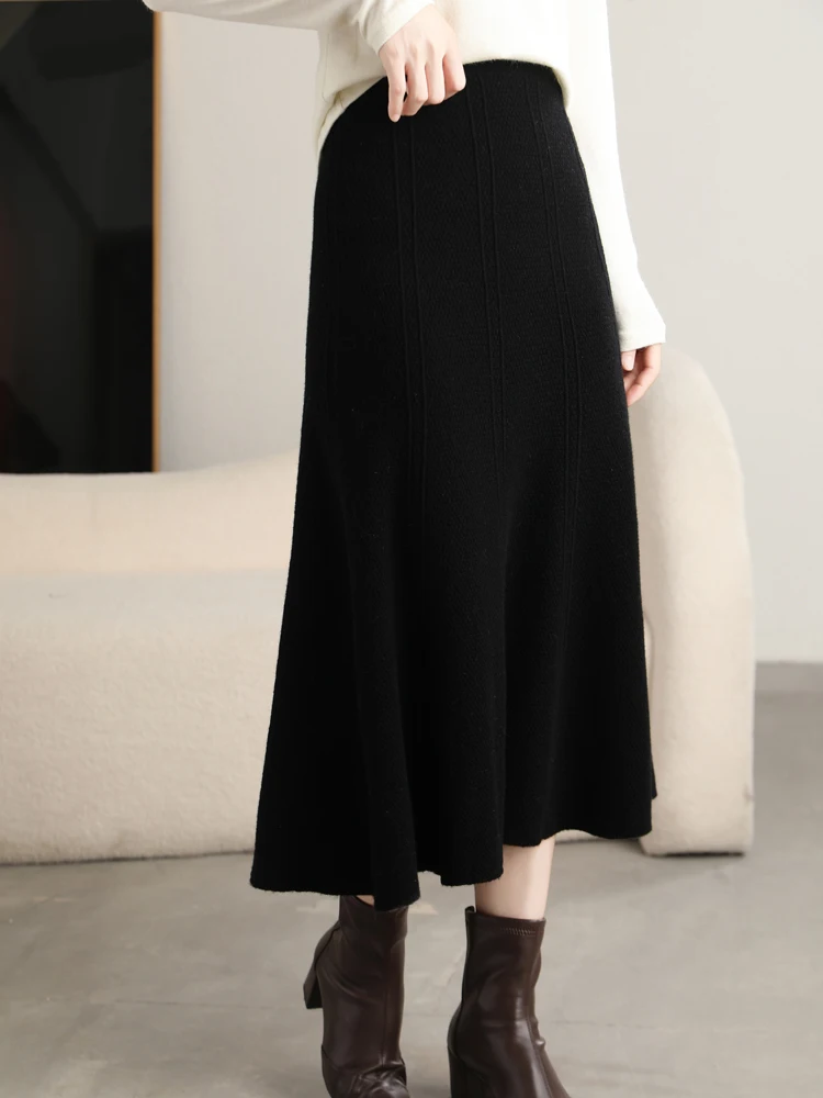 Grace Women's Skirt 100% Merino Wool Skirt Hip Hugging A-Line Wave Skirt Knitted Warm Autumn Winter Dress Slim Office Lady Skirt