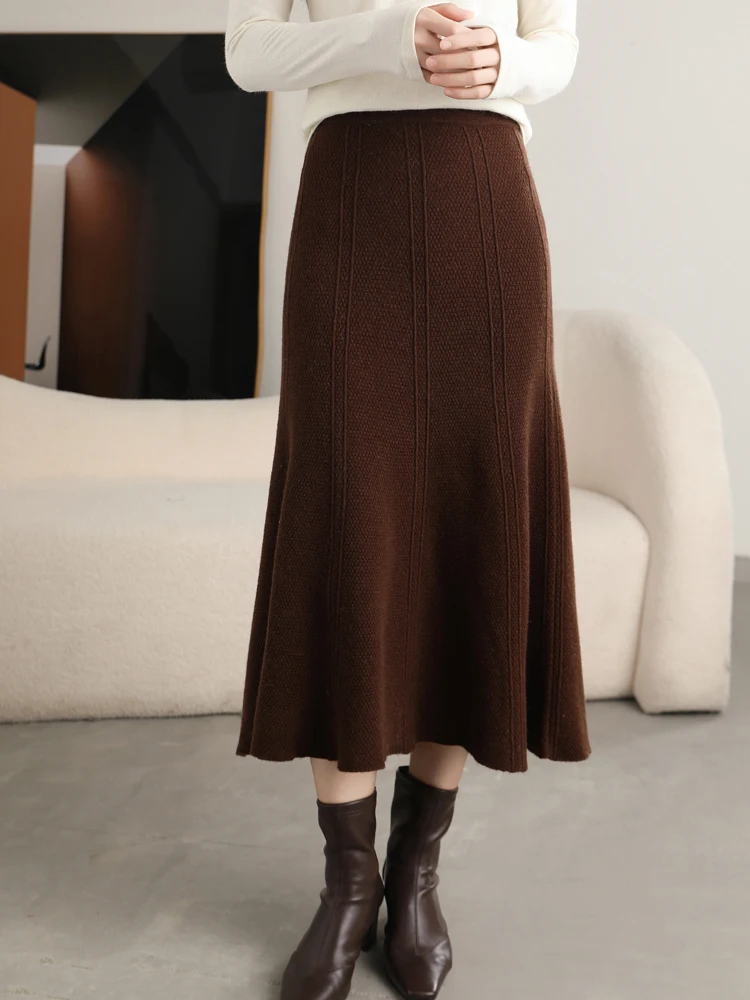 Grace Women's Skirt 100% Merino Wool Skirt Hip Hugging A-Line Wave Skirt Knitted Warm Autumn Winter Dress Slim Office Lady Skirt