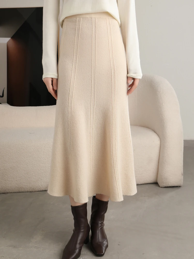 Grace Women's Skirt 100% Merino Wool Skirt Hip Hugging A-Line Wave Skirt Knitted Warm Autumn Winter Dress Slim Office Lady Skirt
