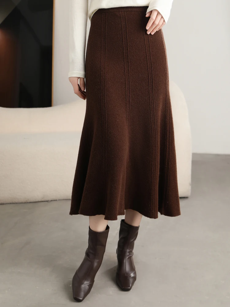 Grace Women's Skirt 100% Merino Wool Skirt Hip Hugging A-Line Wave Skirt Knitted Warm Autumn Winter Dress Slim Office Lady Skirt