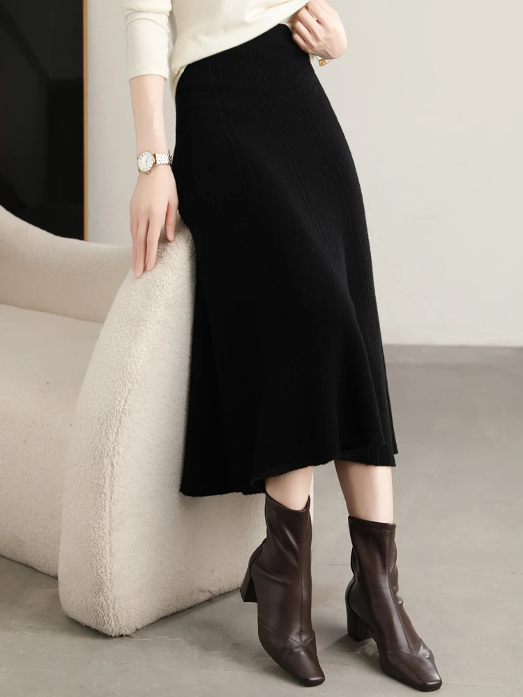 Grace Women's Skirt 100% Merino Wool Skirt Hip Hugging A-Line Wave Skirt Knitted Warm Autumn Winter Dress Slim Office Lady Skirt