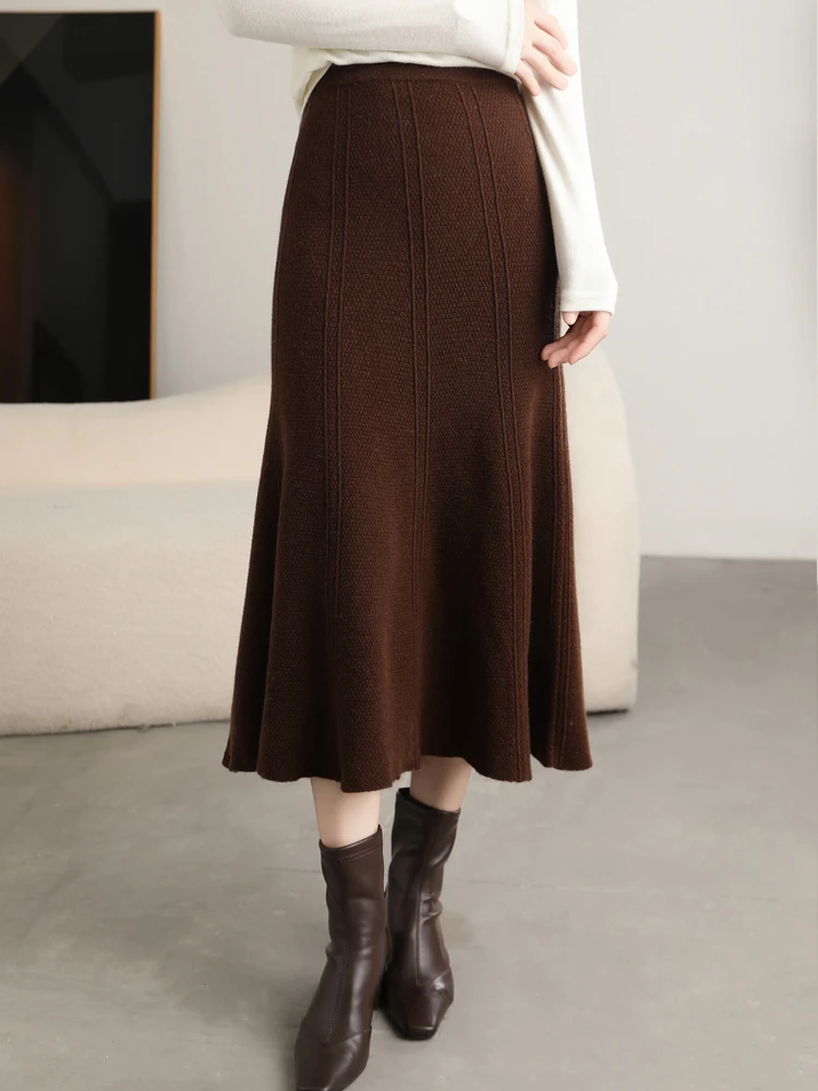 Grace Women's Skirt 100% Merino Wool Skirt Hip Hugging A-Line Wave Skirt Knitted Warm Autumn Winter Dress Slim Office Lady Skirt