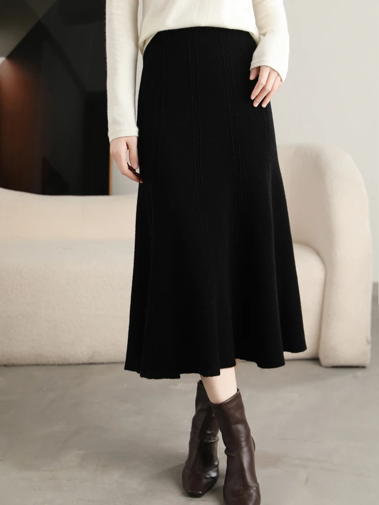Grace Women's Skirt 100% Merino Wool Skirt Hip Hugging A-Line Wave Skirt Knitted Warm Autumn Winter Dress Slim Office Lady Skirt