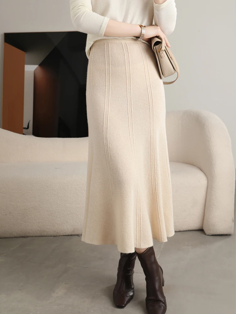Grace Women's Skirt 100% Merino Wool Skirt Hip Hugging A-Line Wave Skirt Knitted Warm Autumn Winter Dress Slim Office Lady Skirt