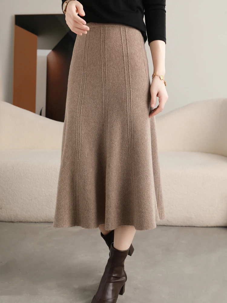 Grace Women's Skirt 100% Merino Wool Skirt Hip Hugging A-Line Wave Skirt Knitted Warm Autumn Winter Dress Slim Office Lady Skirt