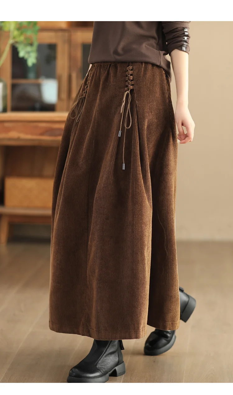 YZJNH 2024 Autumn New Half Length Skirt Women's Loose Corduroy Half Length Skirt Women's Elastic Waist Big Hem Velvet Long Skirt
