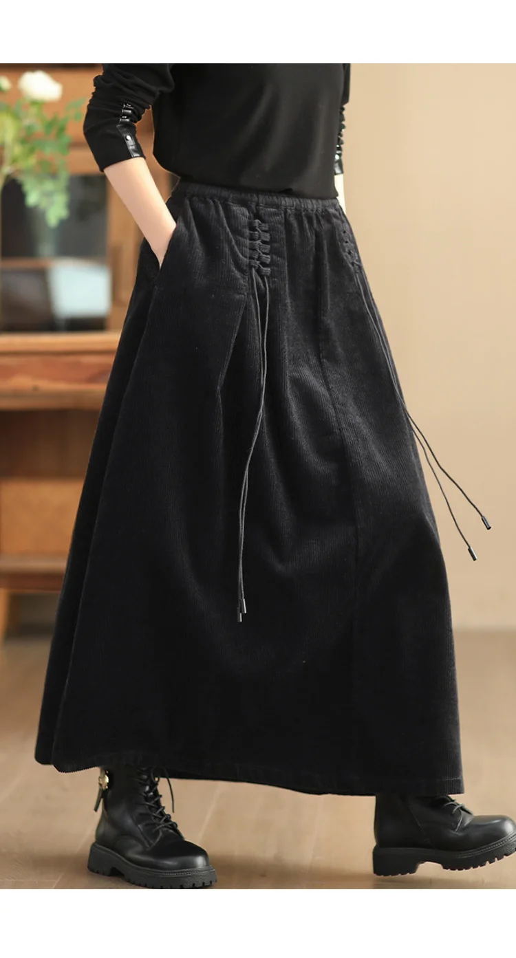 YZJNH 2024 Autumn New Half Length Skirt Women's Loose Corduroy Half Length Skirt Women's Elastic Waist Big Hem Velvet Long Skirt