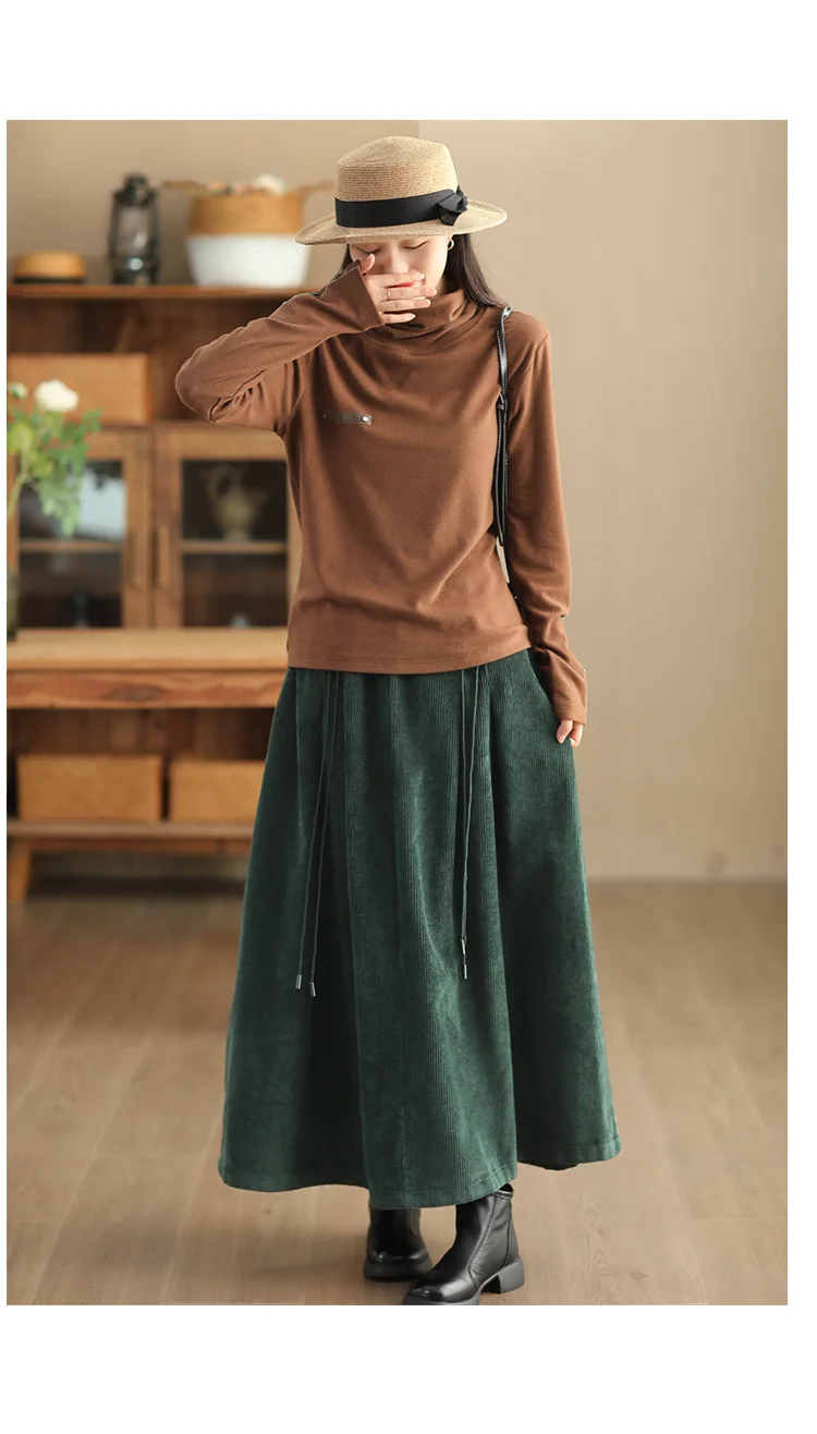 YZJNH 2024 Autumn New Half Length Skirt Women's Loose Corduroy Half Length Skirt Women's Elastic Waist Big Hem Velvet Long Skirt