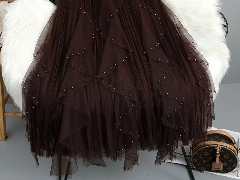 Chamliforve Women Tulle Mesh Skirt Elegant Elastic Waist Fairy Long A-line Tutu Skirt for Spring Summer High Waist Long Skirt