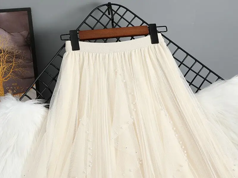 Chamliforve Women Tulle Mesh Skirt Elegant Elastic Waist Fairy Long A-line Tutu Skirt for Spring Summer High Waist Long Skirt