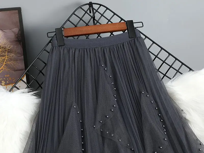 Chamliforve Women Tulle Mesh Skirt Elegant Elastic Waist Fairy Long A-line Tutu Skirt for Spring Summer High Waist Long Skirt