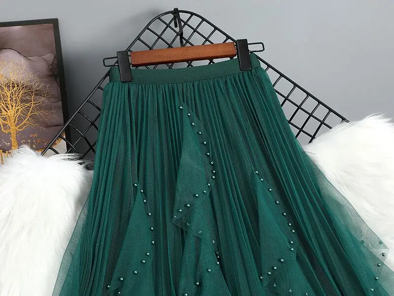 Chamliforve Women Tulle Mesh Skirt Elegant Elastic Waist Fairy Long A-line Tutu Skirt for Spring Summer High Waist Long Skirt