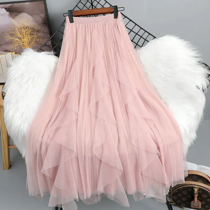 Chamliforve Women Tulle Mesh Skirt Elegant Elastic Waist Fairy Long A-line Tutu Skirt for Spring Summer High Waist Long Skirt