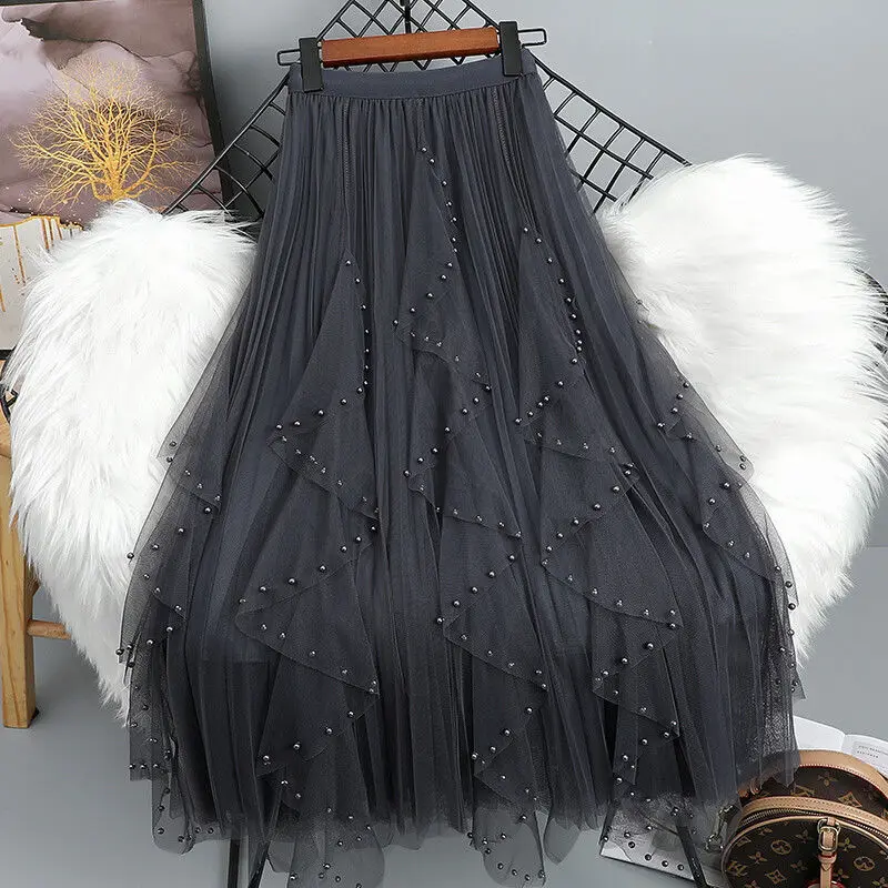 Chamliforve Women Tulle Mesh Skirt Elegant Elastic Waist Fairy Long A-line Tutu Skirt for Spring Summer High Waist Long Skirt