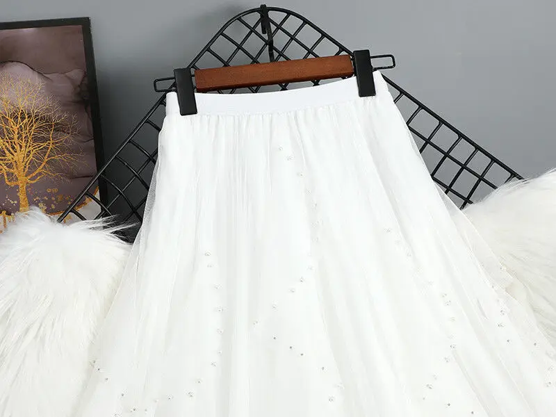 Chamliforve Women Tulle Mesh Skirt Elegant Elastic Waist Fairy Long A-line Tutu Skirt for Spring Summer High Waist Long Skirt