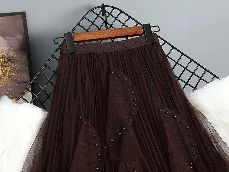 Chamliforve Women Tulle Mesh Skirt Elegant Elastic Waist Fairy Long A-line Tutu Skirt for Spring Summer High Waist Long Skirt