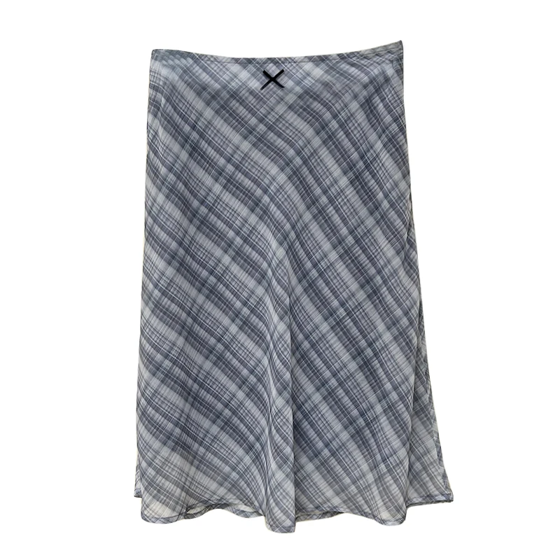 Summer Knee Length Plaid Chiffon Skirts Woman Vintage Fashion Y2k Bow Decoration Chic Female High Waist A Line Skirts Mujer