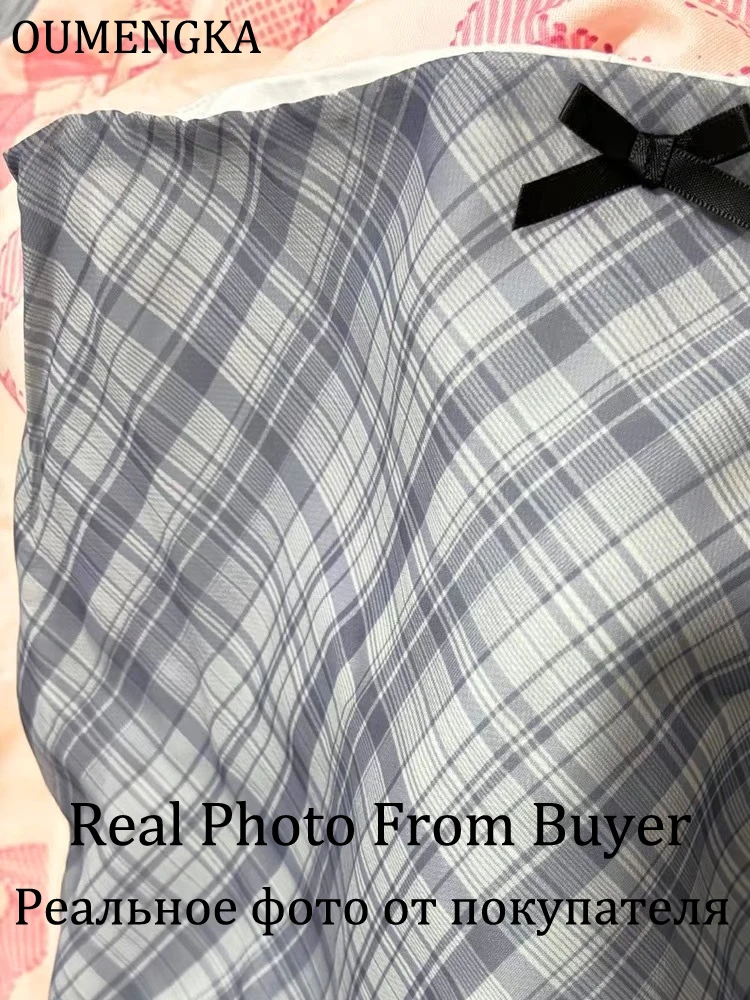 Summer Knee Length Plaid Chiffon Skirts Woman Vintage Fashion Y2k Bow Decoration Chic Female High Waist A Line Skirts Mujer