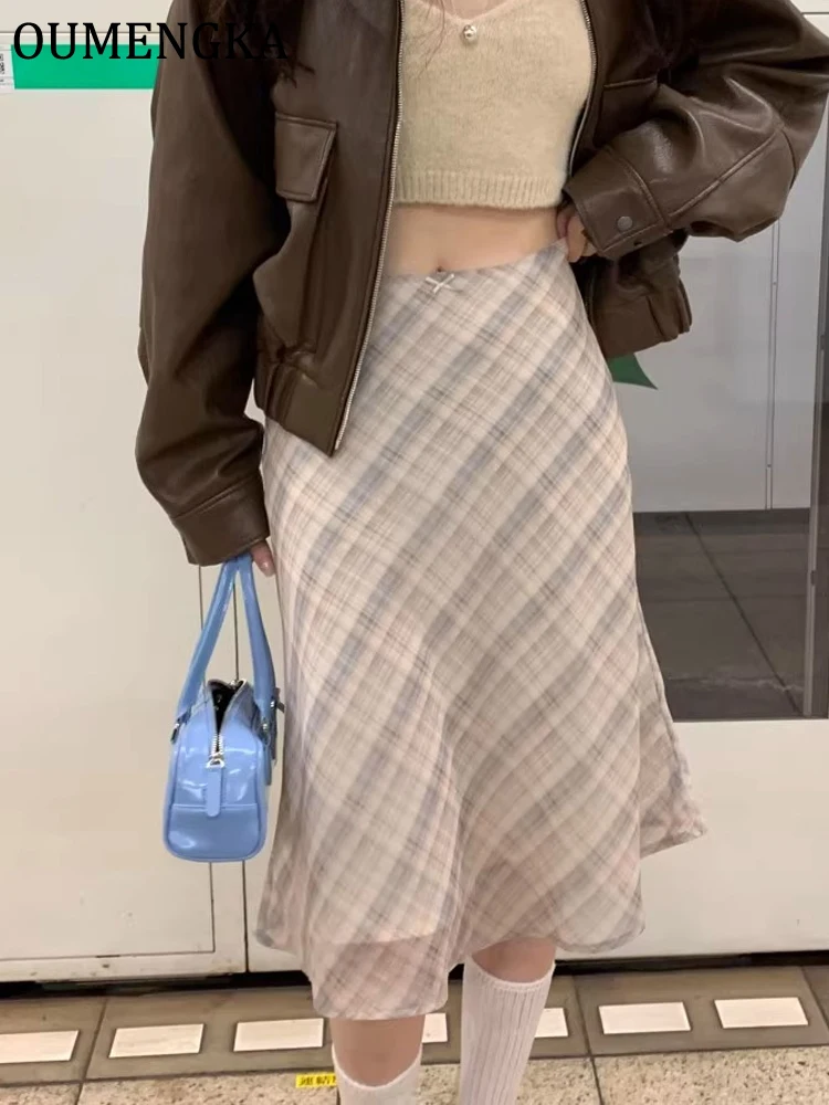 Summer Knee Length Plaid Chiffon Skirts Woman Vintage Fashion Y2k Bow Decoration Chic Female High Waist A Line Skirts Mujer