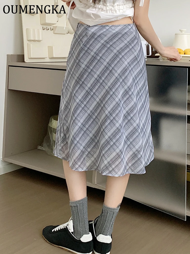Summer Knee Length Plaid Chiffon Skirts Woman Vintage Fashion Y2k Bow Decoration Chic Female High Waist A Line Skirts Mujer