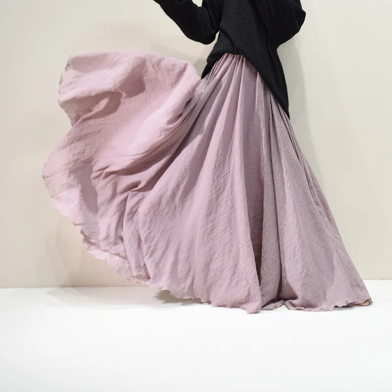 Sherhure 2026 Women Cotton And Linen Long Skirts Elastic Waist Pleated Maxi Skirts Beach Boho Vintage Summer Skirts Faldas Saia