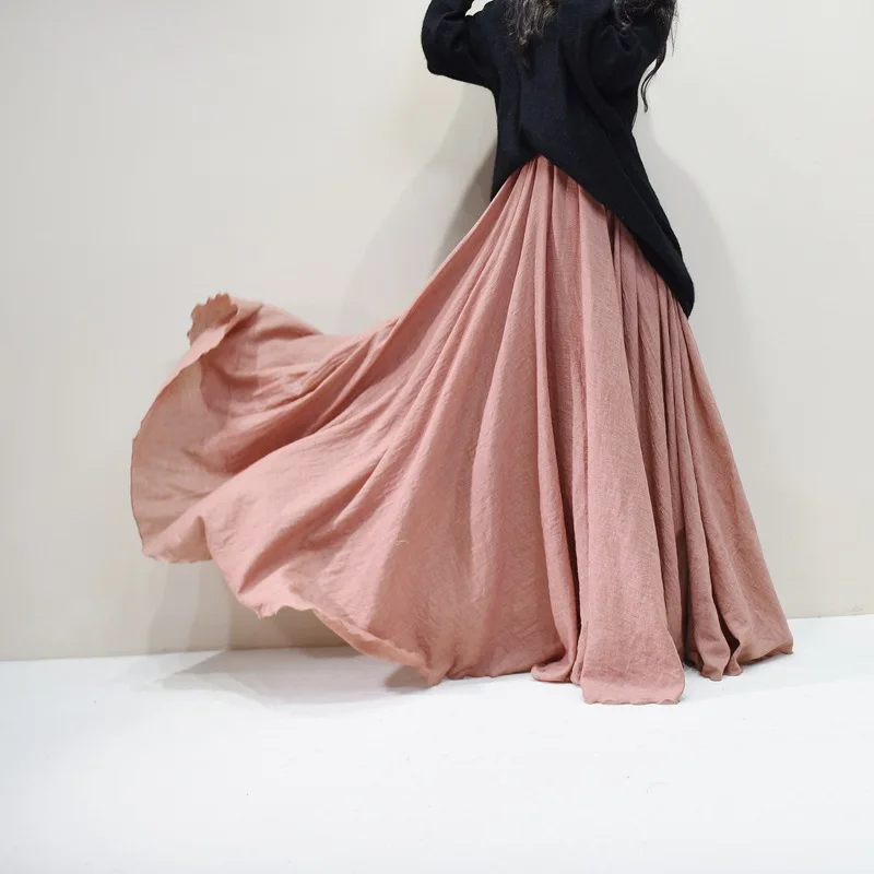 Sherhure 2026 Women Cotton And Linen Long Skirts Elastic Waist Pleated Maxi Skirts Beach Boho Vintage Summer Skirts Faldas Saia