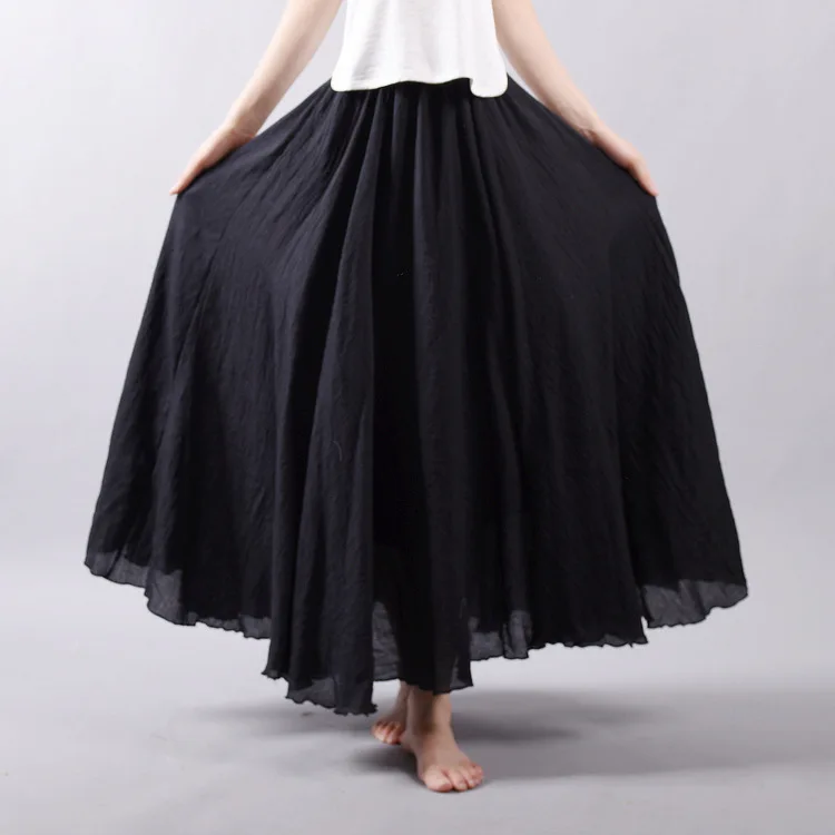 Sherhure 2026 Women Cotton And Linen Long Skirts Elastic Waist Pleated Maxi Skirts Beach Boho Vintage Summer Skirts Faldas Saia