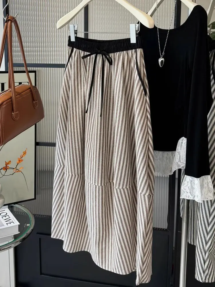 Vintage Striped Skirts for Women Elastic High Waist Slim Fit Jupe 2025 Faldas Mujer De Moda Loose Summer Saia Casual Chic Skirt
