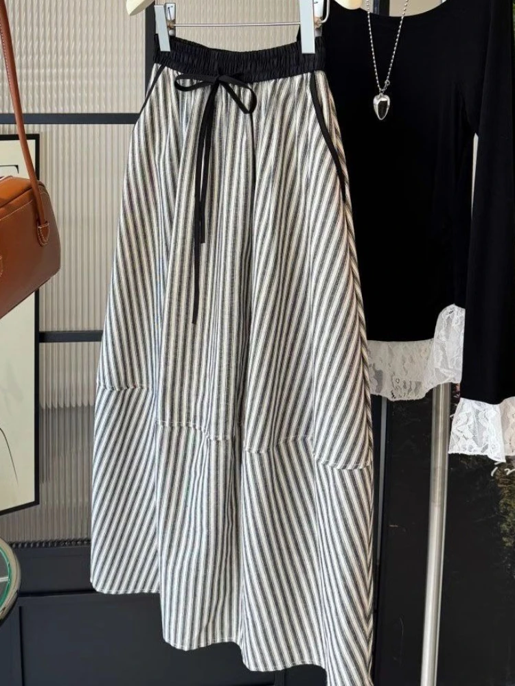 Vintage Striped Skirts for Women Elastic High Waist Slim Fit Jupe 2025 Faldas Mujer De Moda Loose Summer Saia Casual Chic Skirt