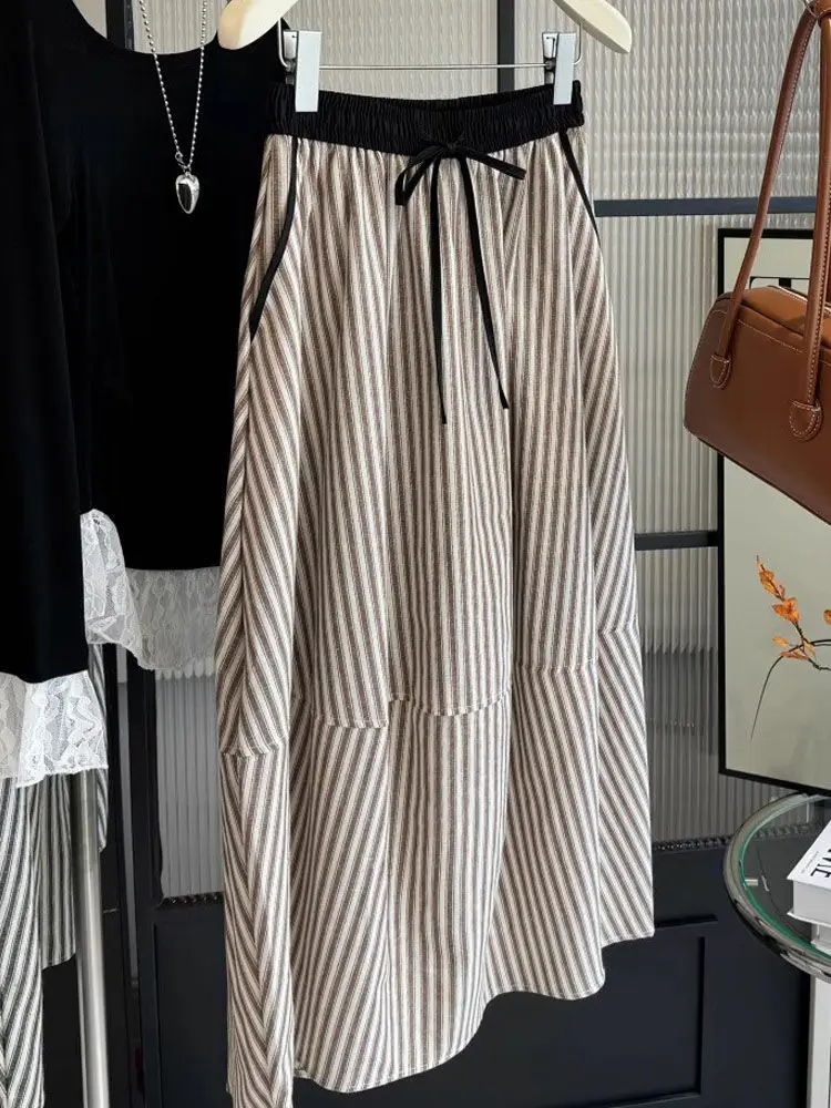 Vintage Striped Skirts for Women Elastic High Waist Slim Fit Jupe 2025 Faldas Mujer De Moda Loose Summer Saia Casual Chic Skirt