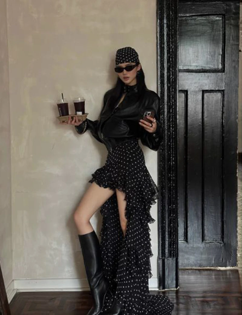 MEXZT Y2K Polka Dots Long Skirt Women Streetwear Ruffles Asymmetrical Maxi Skirts Summer Fashion Harajuku Korean Design Faldas