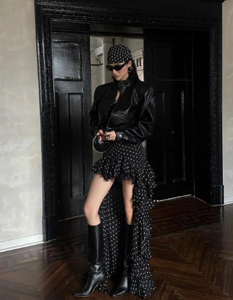 MEXZT Y2K Polka Dots Long Skirt Women Streetwear Ruffles Asymmetrical Maxi Skirts Summer Fashion Harajuku Korean Design Faldas