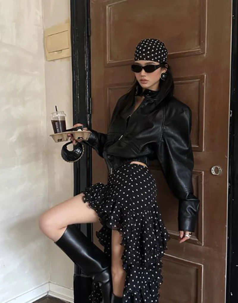 MEXZT Y2K Polka Dots Long Skirt Women Streetwear Ruffles Asymmetrical Maxi Skirts Summer Fashion Harajuku Korean Design Faldas