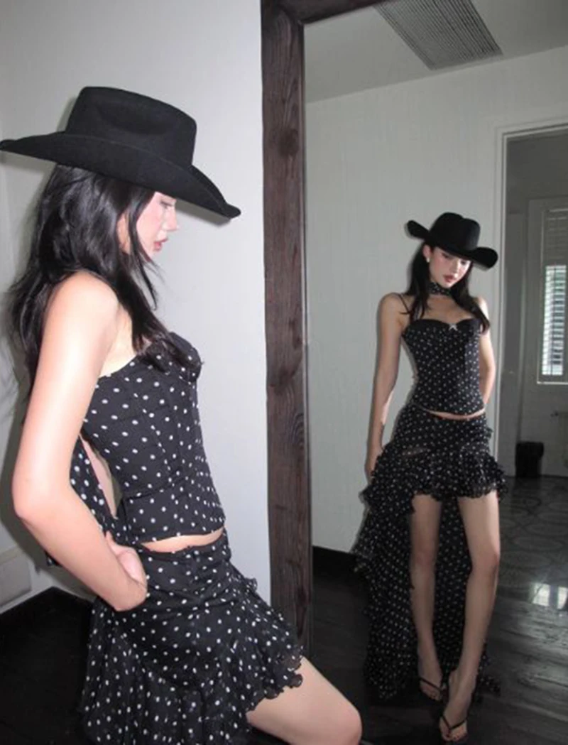 MEXZT Y2K Polka Dots Long Skirt Women Streetwear Ruffles Asymmetrical Maxi Skirts Summer Fashion Harajuku Korean Design Faldas