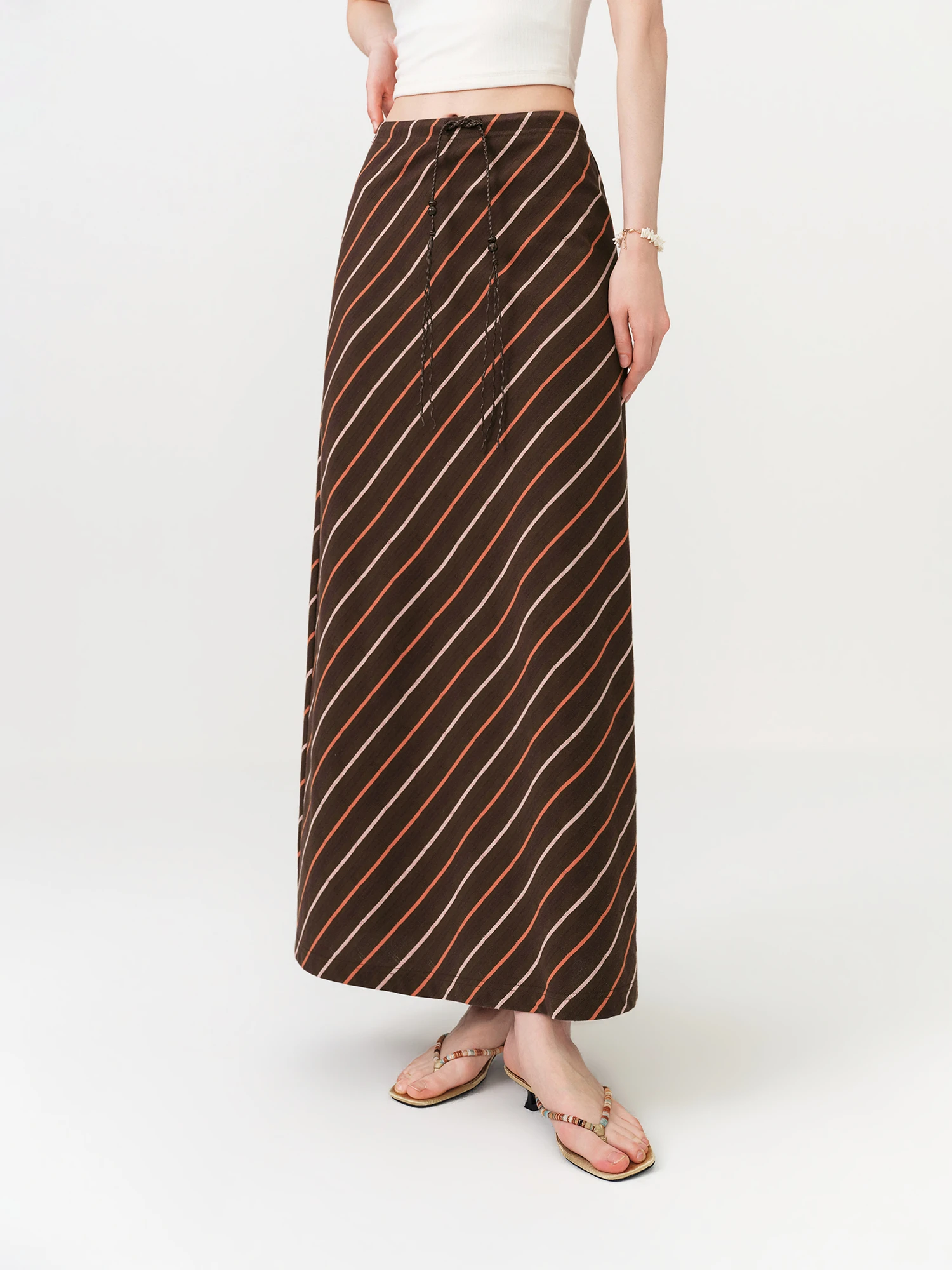 FSLE Vintage Striped Maxi Skirt For Women 2026 Summer New H - Line Straight Resort Style Casual Loose Long Skirt for Vacation