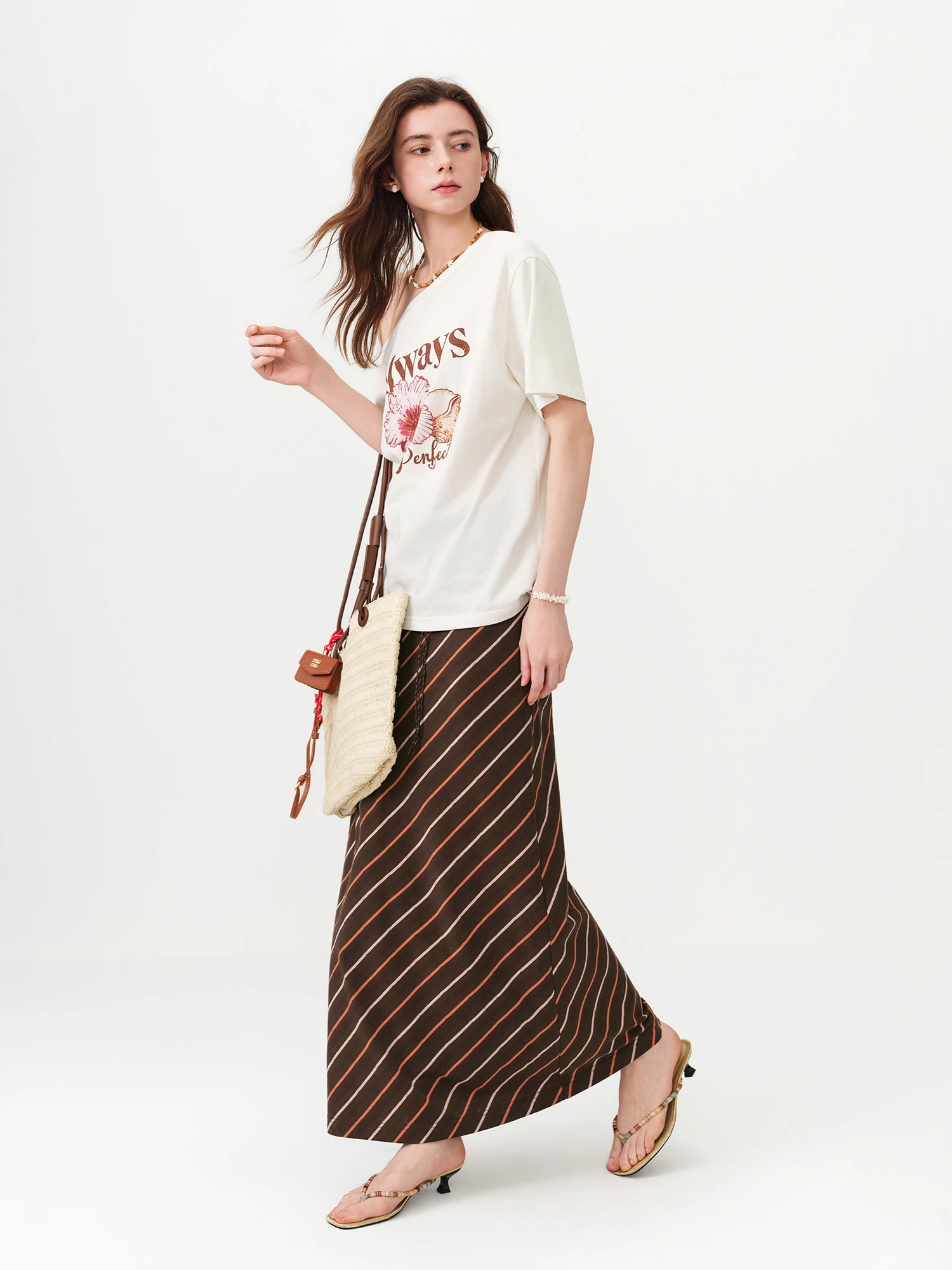 FSLE Vintage Striped Maxi Skirt For Women 2026 Summer New H - Line Straight Resort Style Casual Loose Long Skirt for Vacation