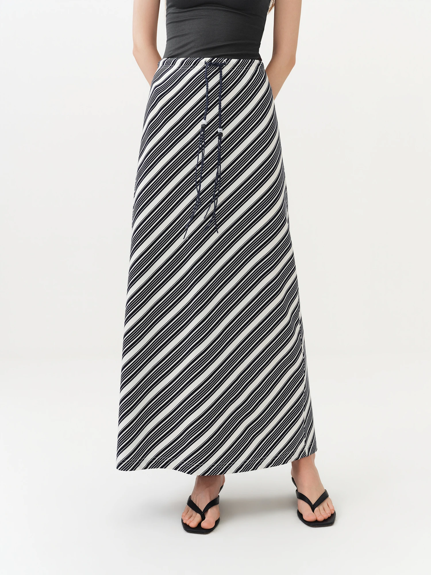 FSLE Vintage Striped Maxi Skirt For Women 2026 Summer New H - Line Straight Resort Style Casual Loose Long Skirt for Vacation