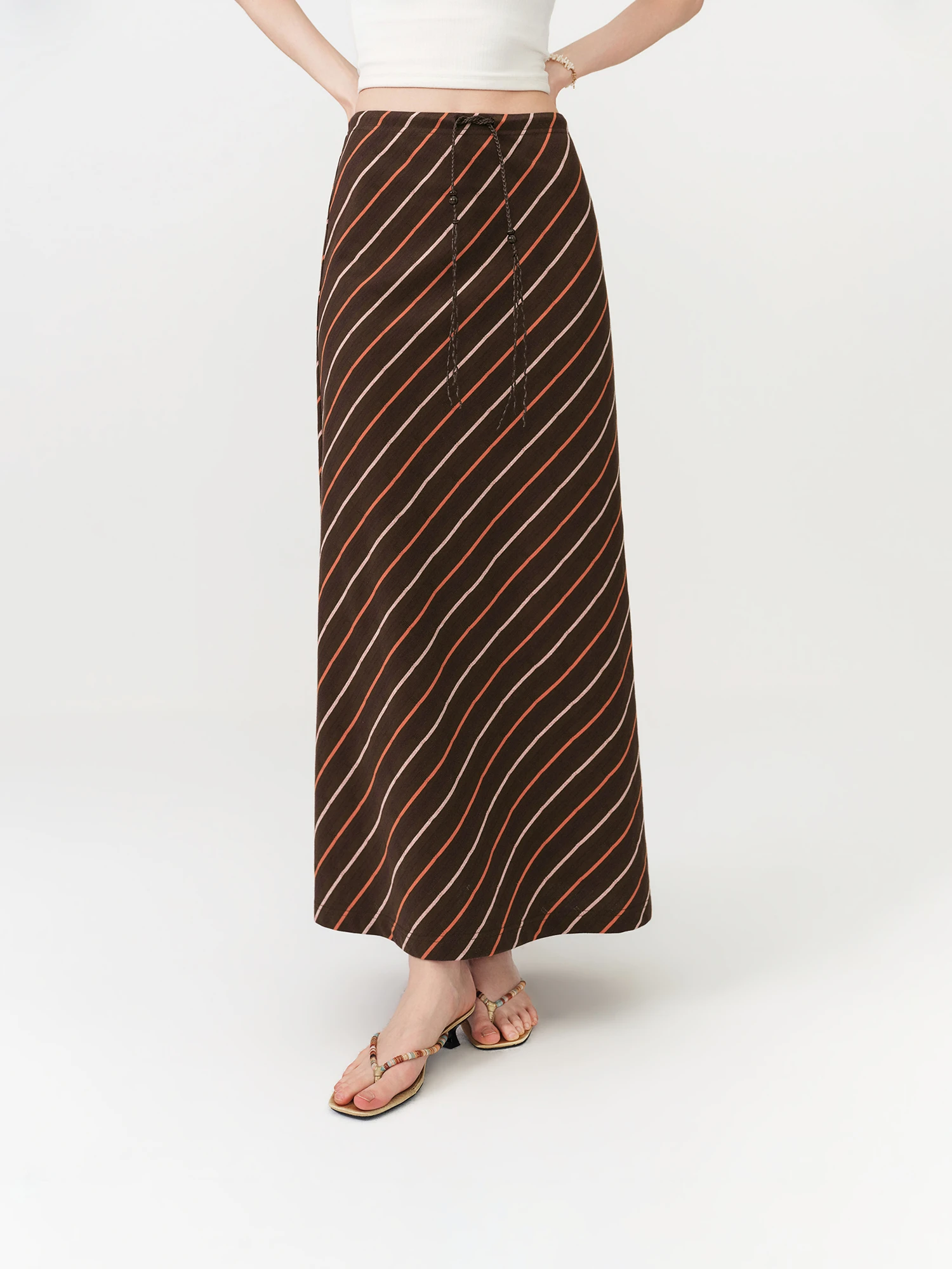 FSLE Vintage Striped Maxi Skirt For Women 2026 Summer New H - Line Straight Resort Style Casual Loose Long Skirt for Vacation