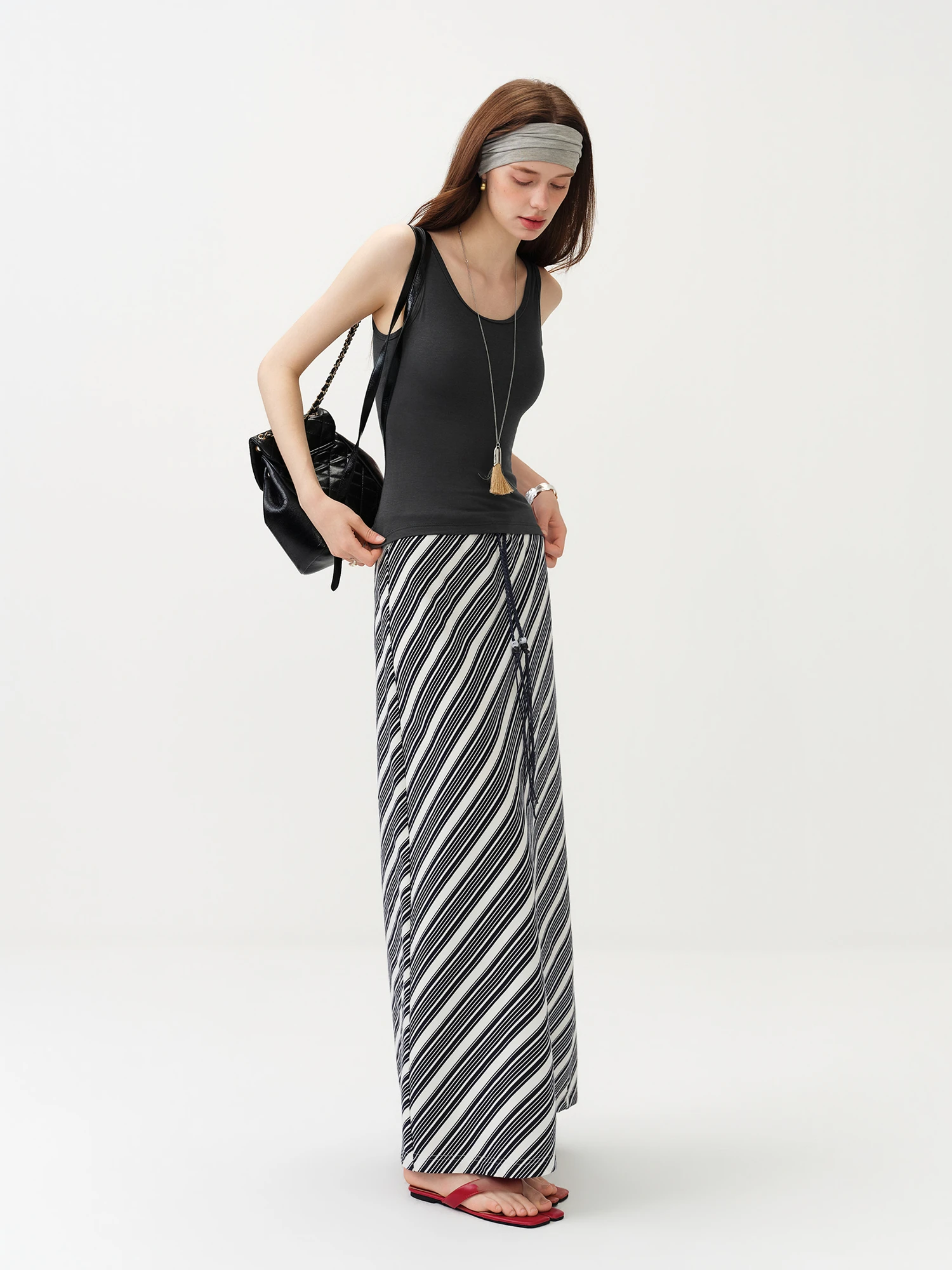 FSLE Vintage Striped Maxi Skirt For Women 2026 Summer New H - Line Straight Resort Style Casual Loose Long Skirt for Vacation