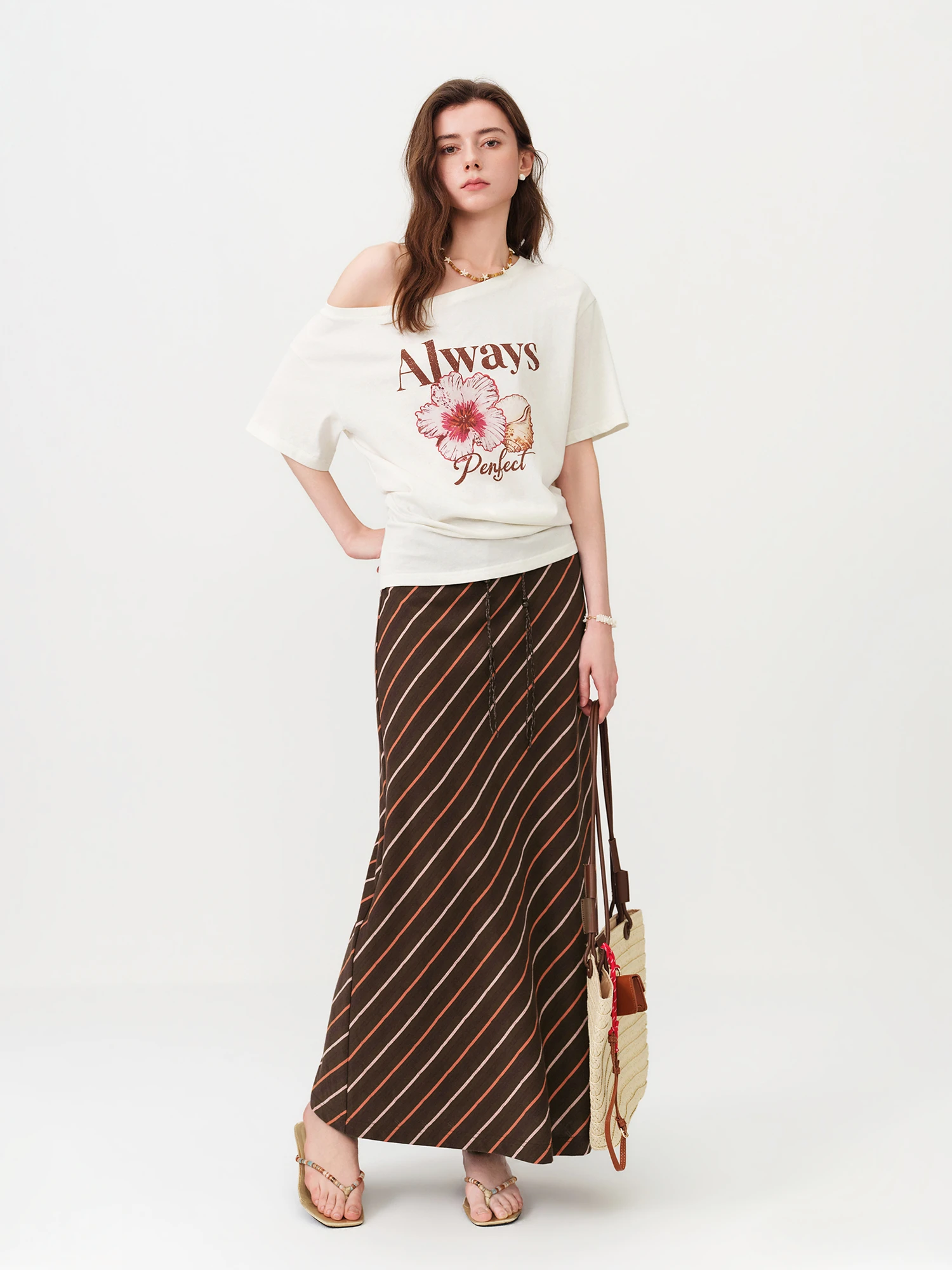FSLE Vintage Striped Maxi Skirt For Women 2026 Summer New H - Line Straight Resort Style Casual Loose Long Skirt for Vacation