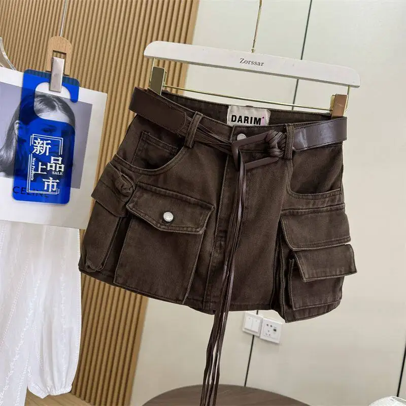 Women Brown Cargo Skirt 2000s Vintage Harajuku Gyaru High Waist Oversize Skirt Korean Style Y2k A-line Shorts Skirts Summe 2026